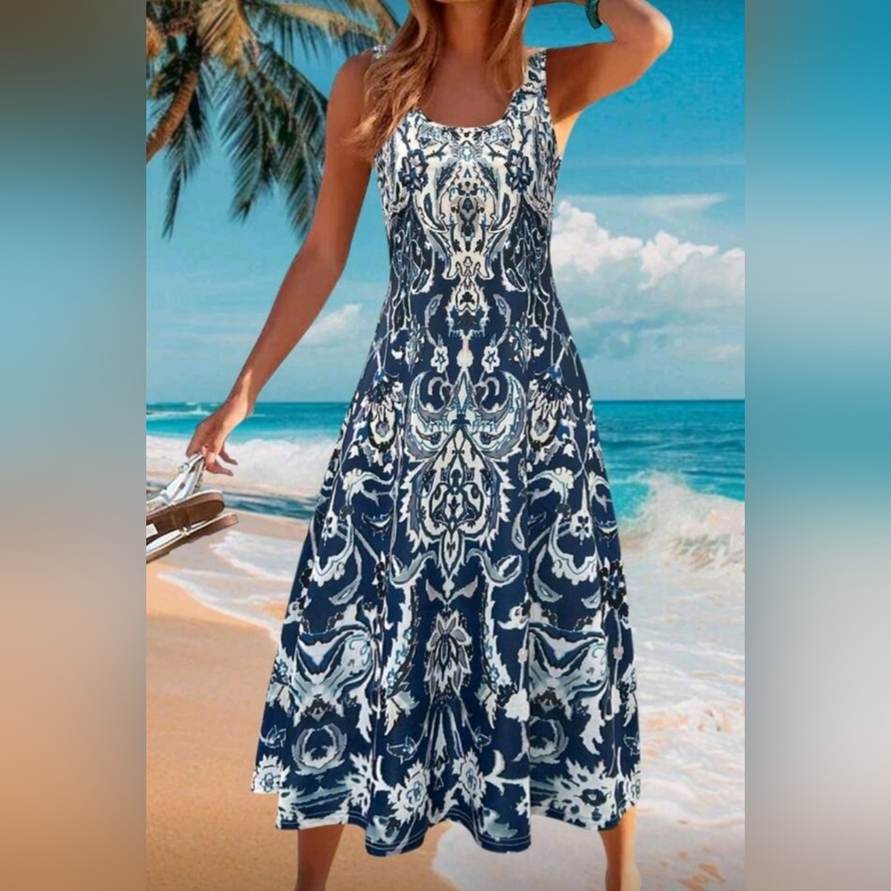 Blue & White Printed Midi Dress with Scoop Neck - Women